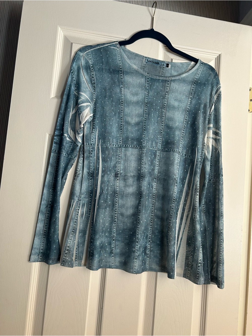 Long sleeve denim blue mesh top with sparkles